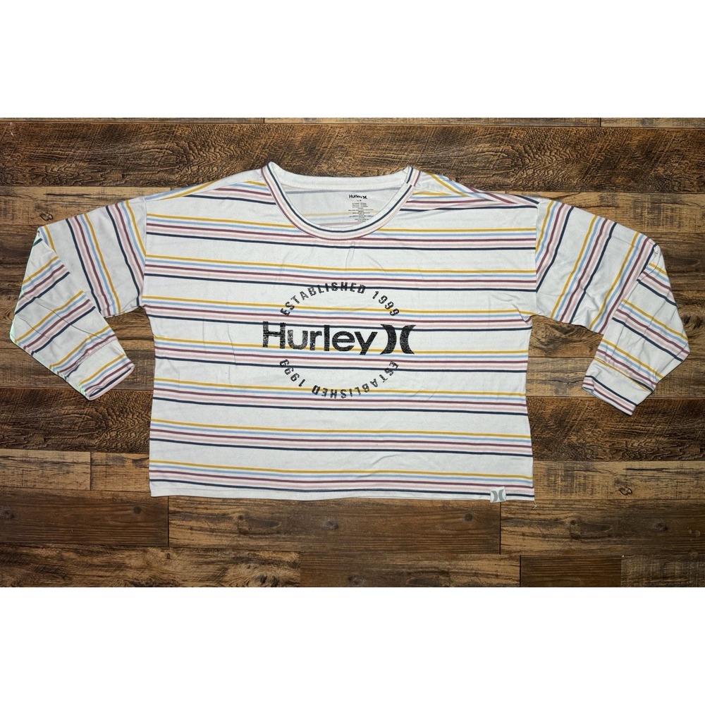Women's Large Hurley Long Sleeve Colorful Striped‎ Cropped Shirt White Rainbow